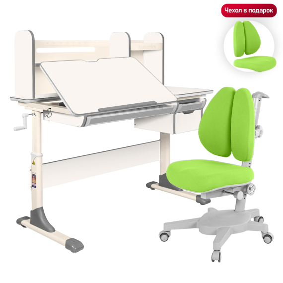 Комплект Anatomica Genius парта + кресло + надстройка + выдвижной ящик + подставка для книг белый/серый с зеленым креслом Armata Duos